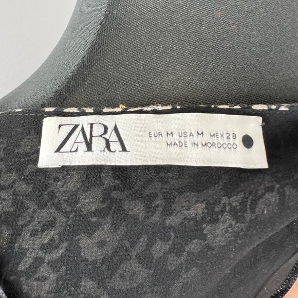 ZARA Black White Floral Print Chiffon Button-Up V-Neck Long Sleeve Crop Top M - Picture 6 of 8